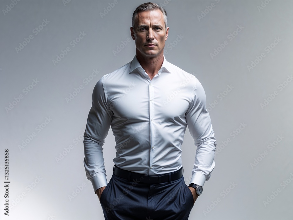 A man dressed in a crisp white shirt and dark trousers stands confidently with hands in pockets, looking directly ahead. He is captured against a plain white backdrop A man dressed in a crisp white shirt and dark trousers stands confidently with hands in pockets, looking directly ahead. He is captured against a plain white backdrop
