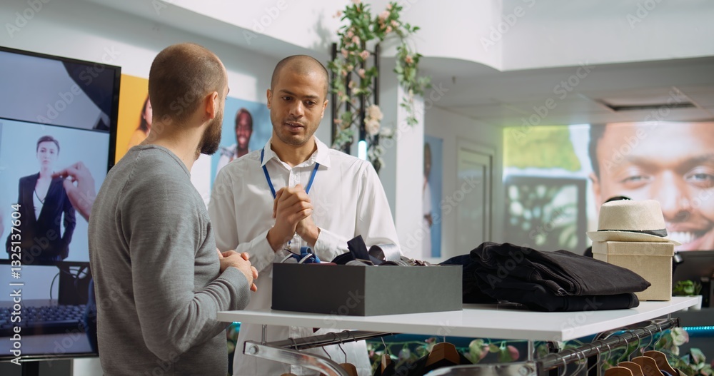 Φωτογραφία Clothing store worker at the mall offering fashion advice to a shopper, highlighting personal style guidance and enhancing the retail shopping experience in a modern boutique