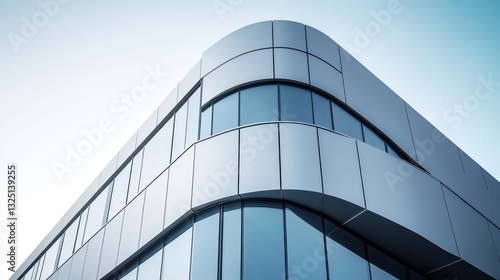 A modern building in close-up, showcasing a sleek facade of rounded metal panels in gray and blue