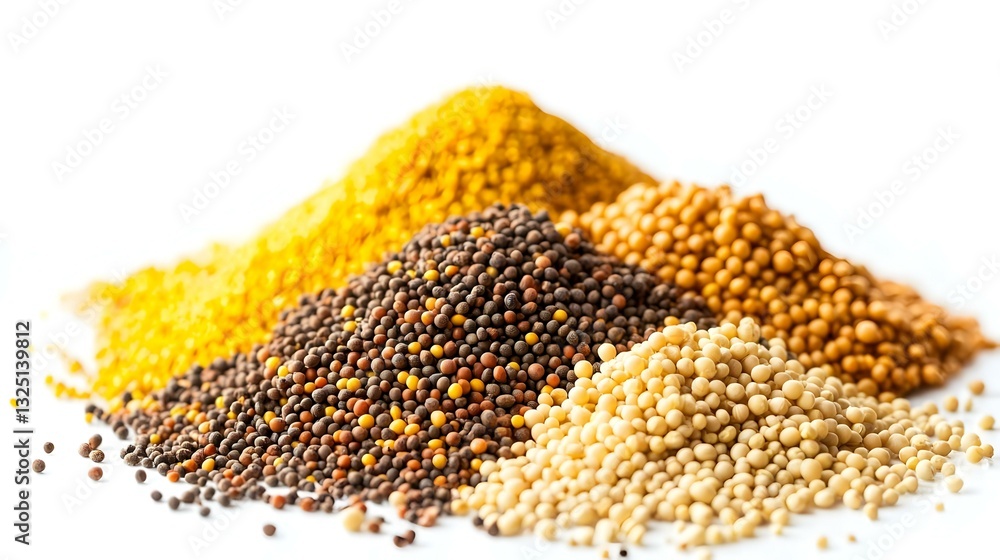 Mustard seeds heap and bee pollen mix on white Mustard seeds heap and bee pollen mix on white
