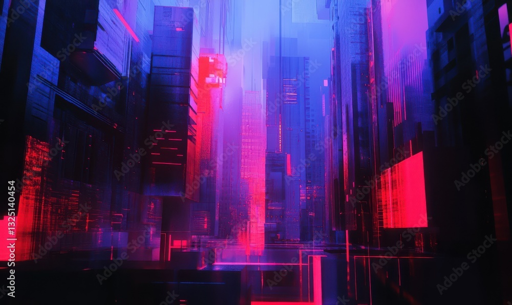 Obraz premium Futuristic cityscape with neon lights, blue and pink hues.