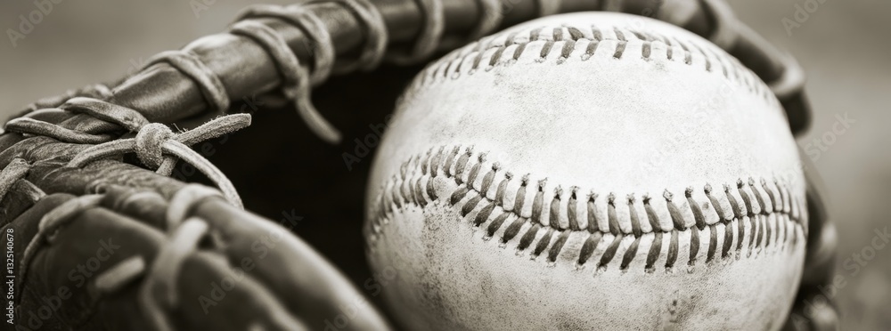 Fototapeta premium Black-and-white photograph of a baseball in a glove, close-up view Vintage style Film grain effect Generative AI
