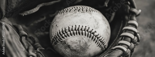 Close-up of a baseball in a glove, in a vintage style, black and white, with a grainy texture and high contrast, in the style of classic sports photography Generative AI