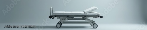 Empty hospital stretcher, isolated gray backdrop, first aid, metal