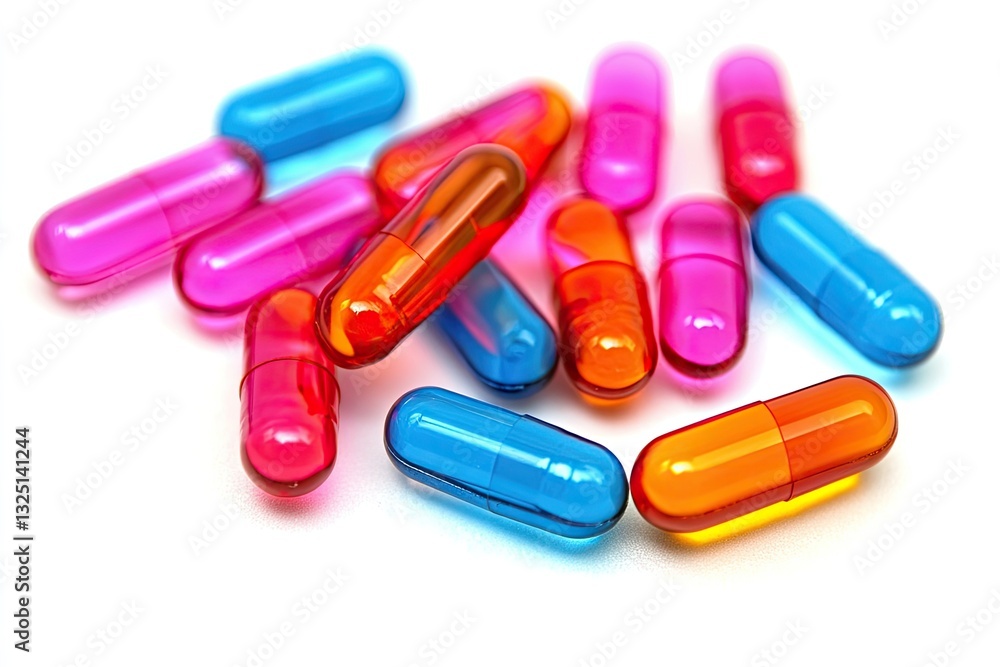 Colorful pills. A close-up view of various colored capsules, likely medicine, in a pile Colorful pills. A close-up view of various colored capsules, likely medicine, in a pile