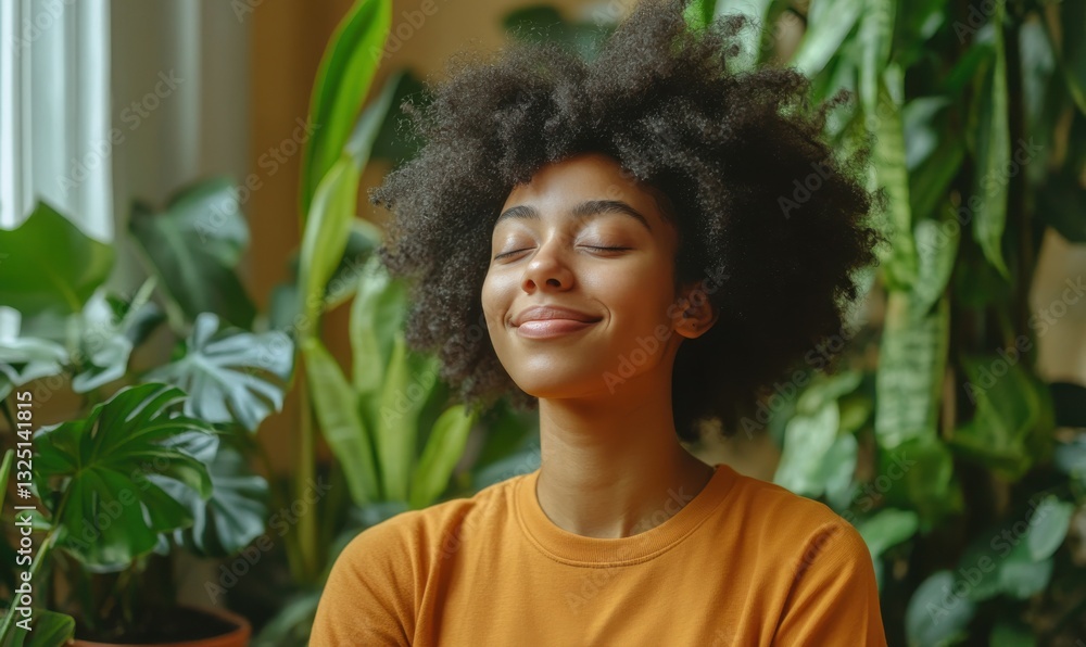 Happy young woman with a smile meditates among indoor plants at home. Mental health, Home gardening Happy young woman with a smile meditates among indoor plants at home. Mental health, Home gardening