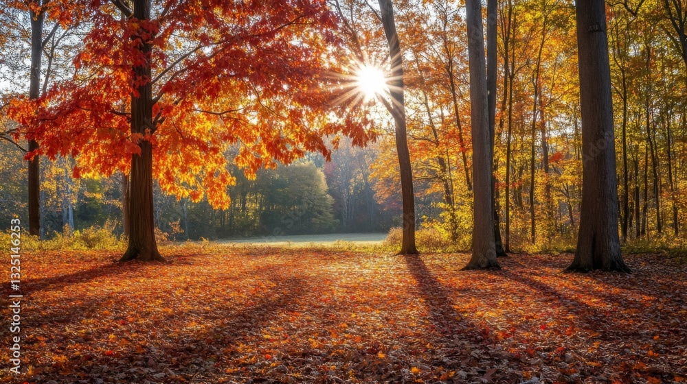 Fototapeta premium Autumn Sunlight Through Colorful Forest Trees