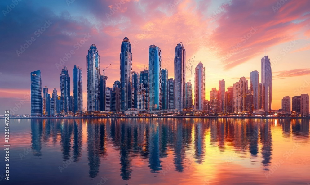 Obraz premium Modern Skyscrapers Reflecting Sunset in Business District