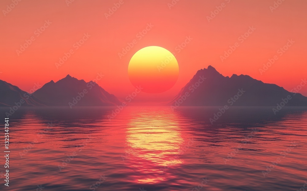 Naklejka premium Big sun setting behind mountains in a red ocean landscape
