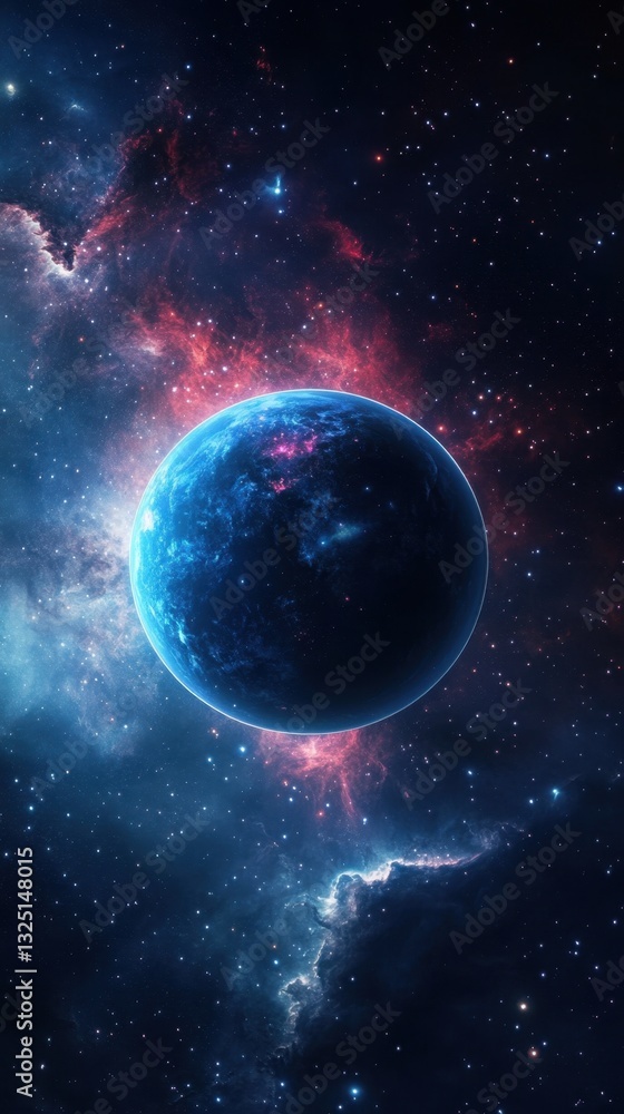 Fototapeta premium Blue planet orbiting around a red and blue nebula in the vastness of outer space