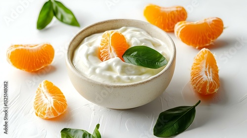 White yogurt with tangerines and green leaves -