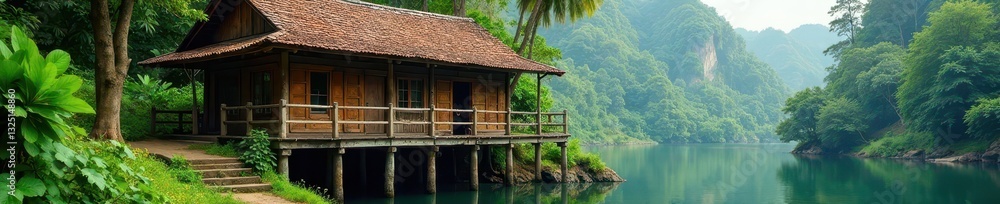 Elevated stilt house, weathered wood, lush greenery, old, Cambodian Elevated stilt house, weathered wood, lush greenery, old, Cambodian