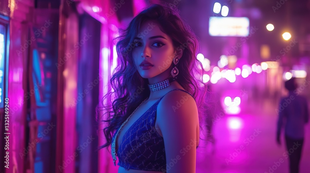 Woman Posing in Neon City Night Lights Woman Posing in Neon City Night Lights