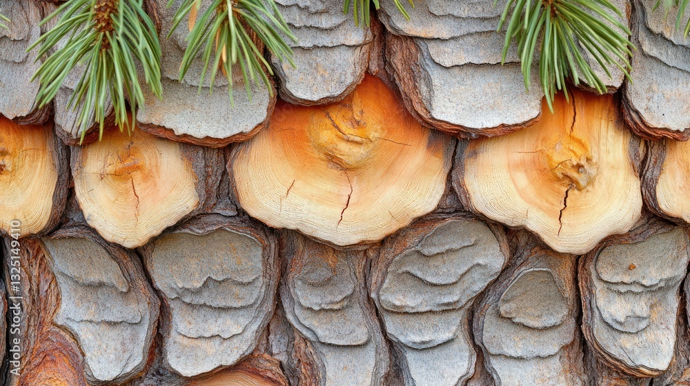 Fototapeta premium Scaly pine bark texture, mountain backdrop, nature design