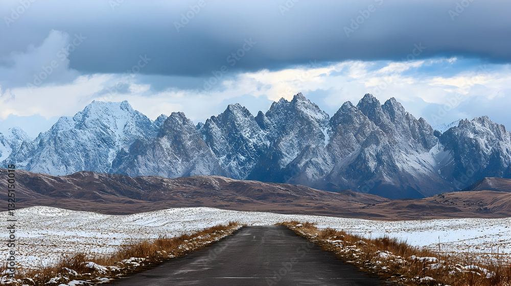 Obraz premium Snow Capped Mountain Range Backdrop with Barren Terrain and Leading Road Under Overcast Sky