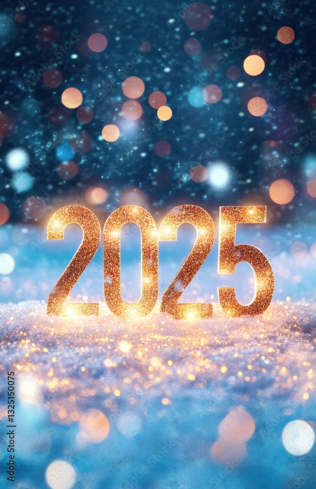 Golden 2025 sparkling in snowy landscape with festive bokeh lights Golden 2025 sparkling in snowy landscape with festive bokeh lights
