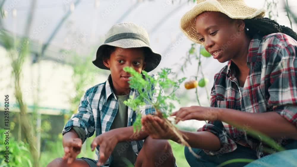 Education, mother and son in farm greenhouse for learning, planting crops or sustainability. Agriculture, black family and farming with parent teaching child how to harvest organic herb growth