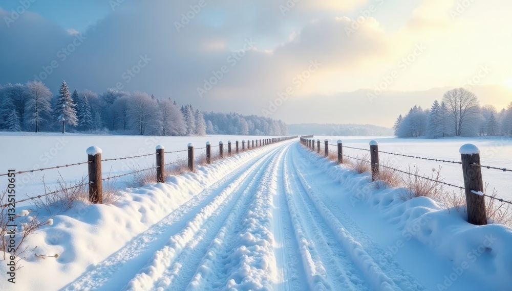 Naklejka premium Frozen landscape, timber fence lines snowy road Crisp winter scene , texture, fence, travel