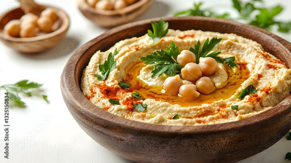 Hummus dip with chickpea and parsley in wooden Hummus dip with chickpea and parsley in wooden