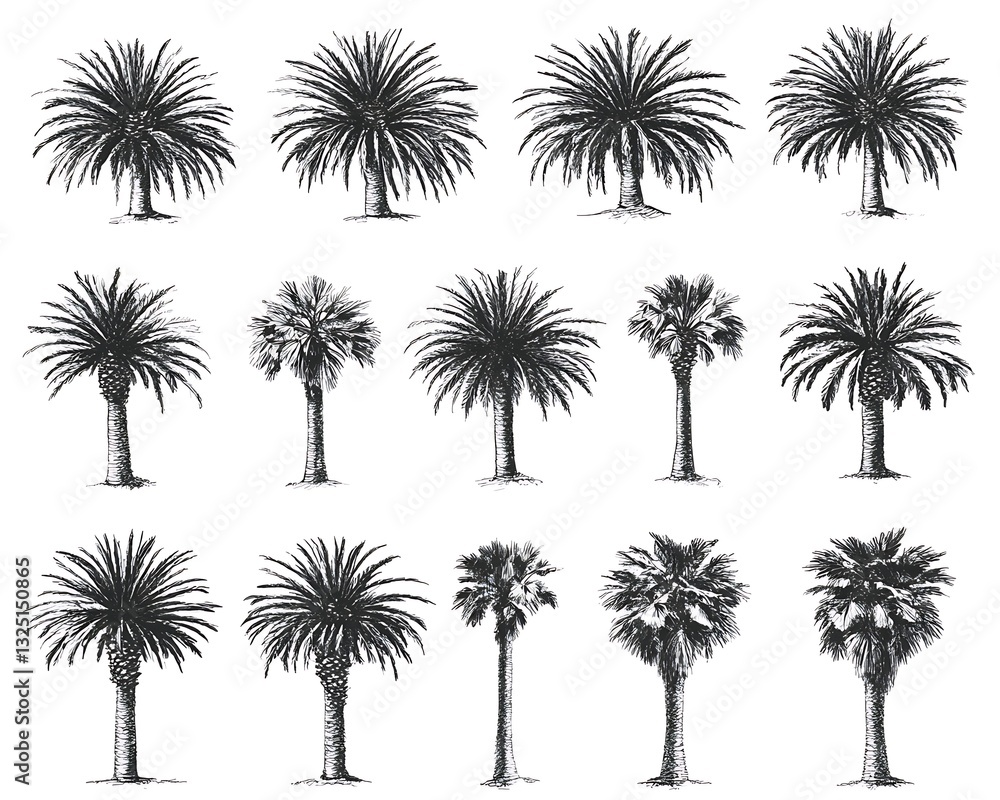 Fototapeta premium Hand-drawn palm trees in black and white. Background white. Use nature design