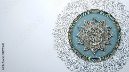 Wallpaper Mural Elegant Gold And Silver Islamic Ornament On A Textured Teal And White Background With Intricate Arabesque Patterns Torontodigital.ca