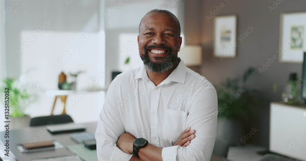 Black man, face and confidence with pride at office for corporate growth, development or job. Portrait, African employee or executive planner with smile or arms crossed for professional business Black man, face and confidence with pride at office for corporate growth, development or job. Portrait, African employee or executive planner with smile or arms crossed for professional business