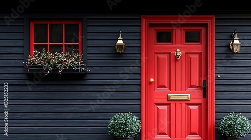 A beautiful red door and window on a dark wall