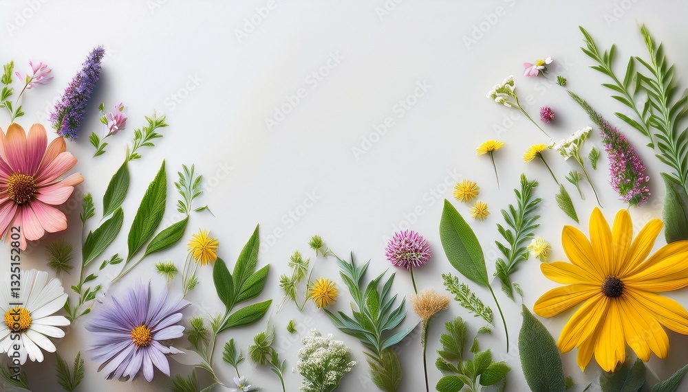 Fototapeta premium colorful botanical illustration of various flowers and herbs on a light background with copy space
