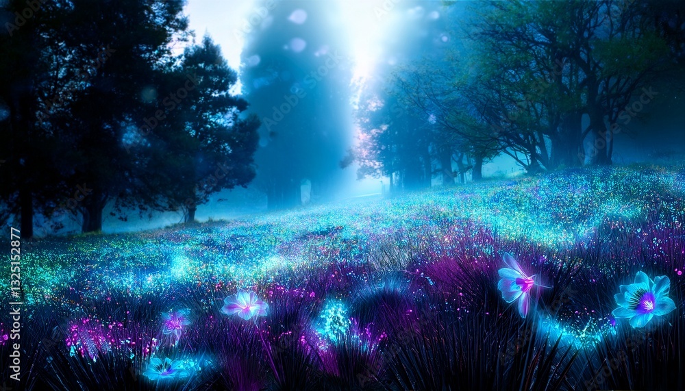 Fototapeta premium enchanted fantasy landscape with glowing bioluminescent flora