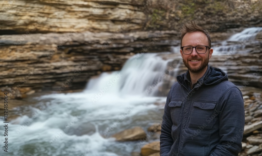 Man standing by a waterfall with rocky background, smiling. Man standing by a waterfall with rocky background, smiling.
