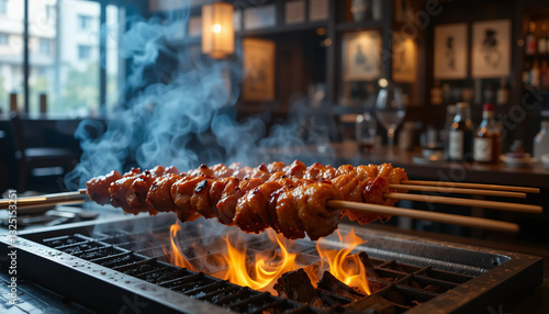 Skewered Yakitori Chicken Grilling Over an Open Flame in a Japanese Izakaya photo