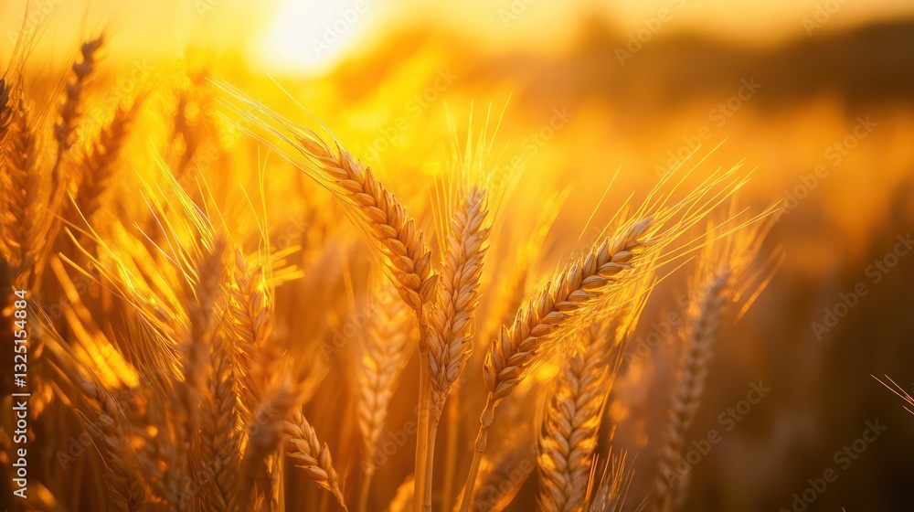 Golden wheat field bathed in warm sunlight during the sunset Golden wheat field bathed in warm sunlight during the sunset