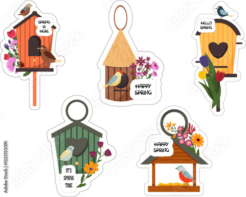 Spring sticker set. Birdhouse, flowers and birds. Bird feeder with chicks. Vector illustration