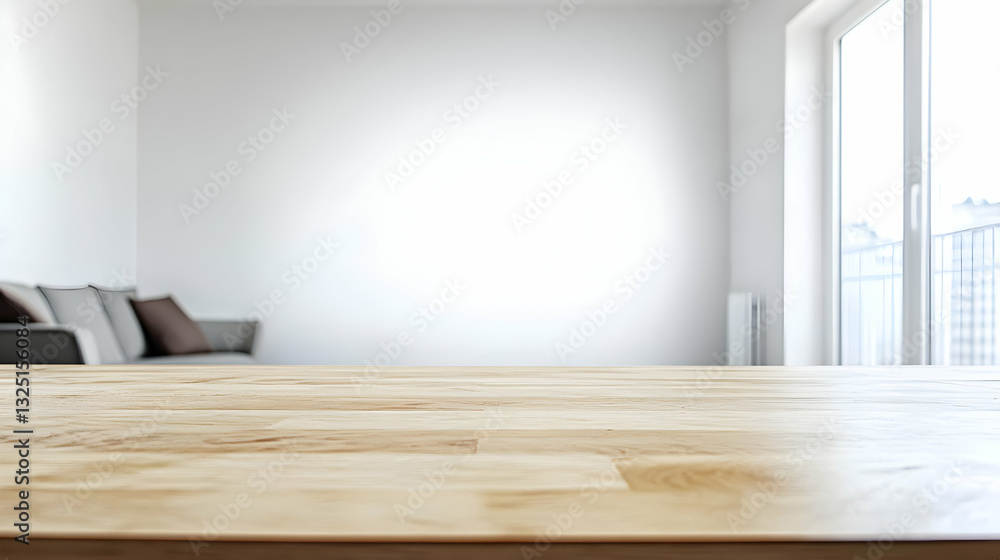Fototapeta premium Empty Wooden Table In A Bright Modern Living Room With A Blurred Sofa And City View Through The Window Perfect For Product Placement Or Interior