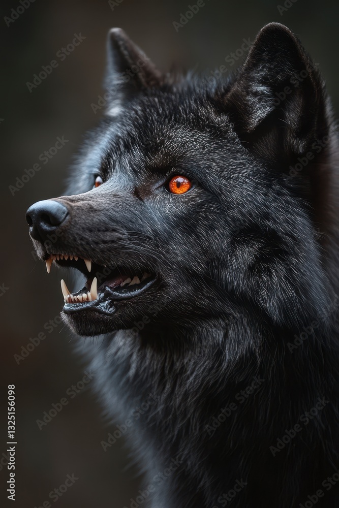 Majestic Black Wolf: A striking black wolf with piercing amber eyes and a fierce expression, revealing its sharp canines. Majestic Black Wolf: A striking black wolf with piercing amber eyes and a fierce expression, revealing its sharp canines.