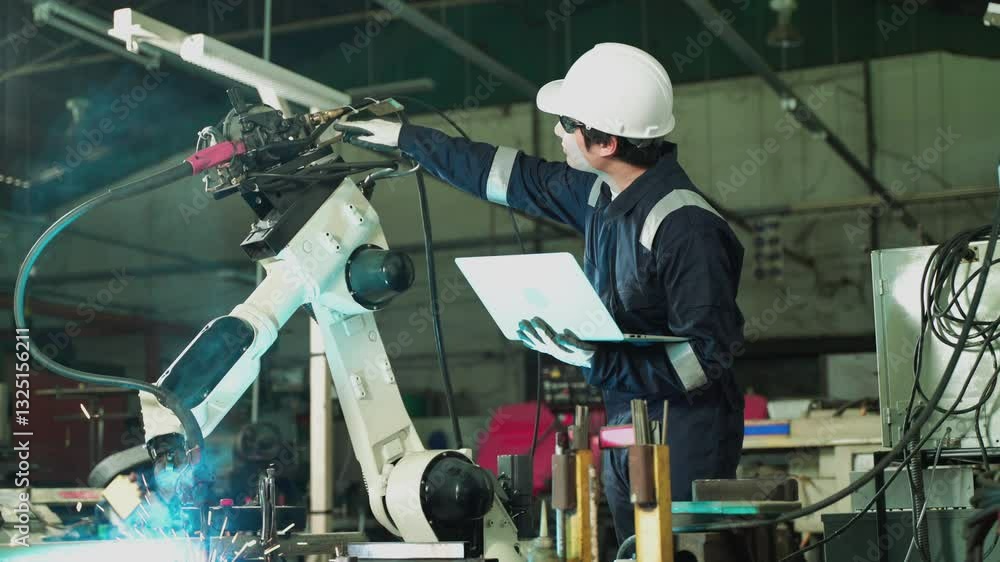 Male engineers at work manage welding robots, showcasing collaboration and skill in a modern manufacturing setting. Male engineers at work manage welding robots, showcasing collaboration and skill in a modern manufacturing setting.