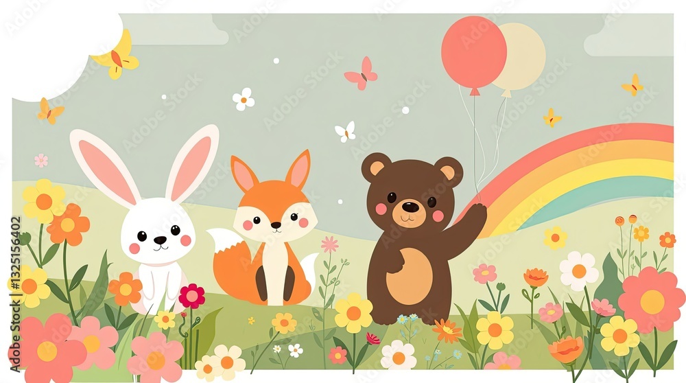Naklejka premium Brightly colored bunny fox and bear celebrate together while holding balloons among blooming flowers and fluttering butterflies on a sunny day