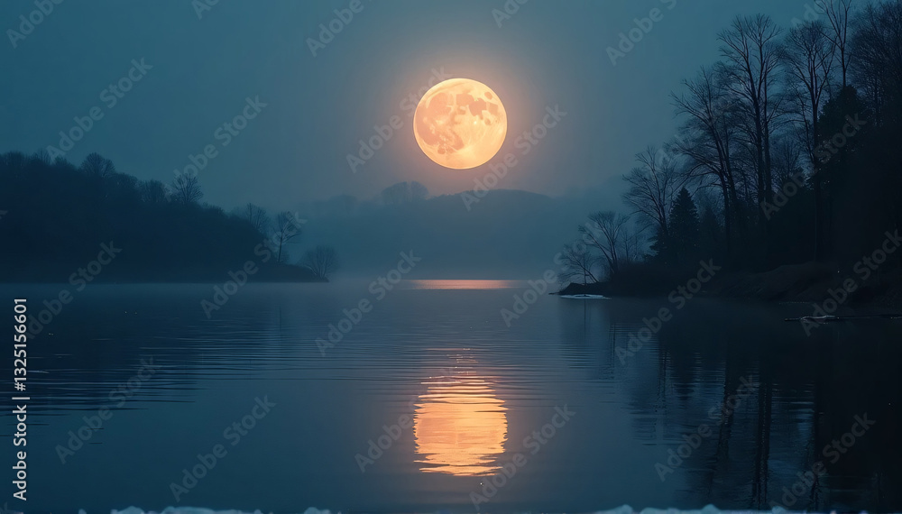 Fototapeta premium Moonlight Reflection on Misty Lake