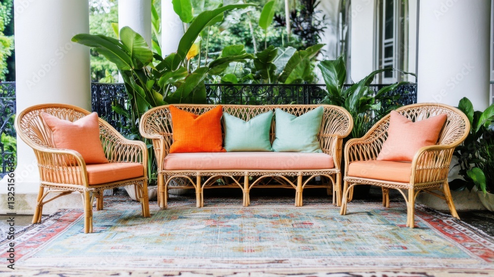 Fototapeta premium Vibrant Living Room with Wicker Furniture and Plants