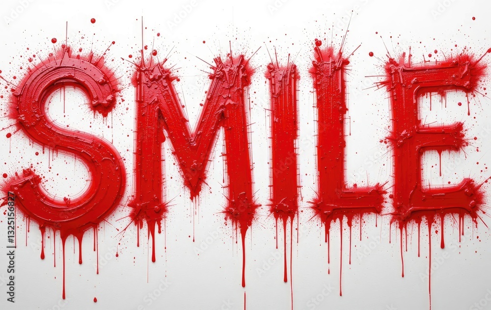Obraz premium Red Smile Text Art with Drips on White Background