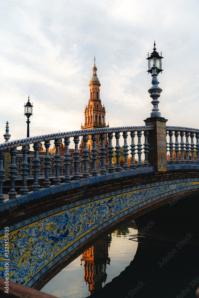 Naklejka premium Ornate bridge and tower at plaza de Espana, seville - architectural marvel at dusk. Spain Square, Plaza de Espana