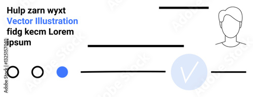 Person profile outline with horizontal lines, circles, and blue checkmark. Ideal for digital identity, verification, user profile, login page, account creation, online authentication personal
