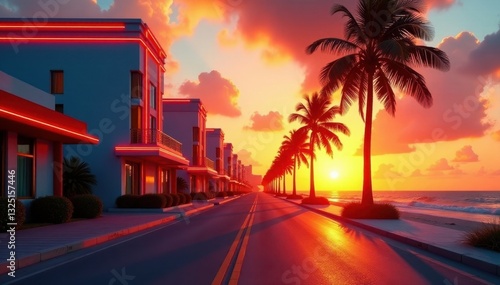 Fiery sunset casts long shadows on Ocean Drive's Art Deco buildings , tropical, summer, paradise