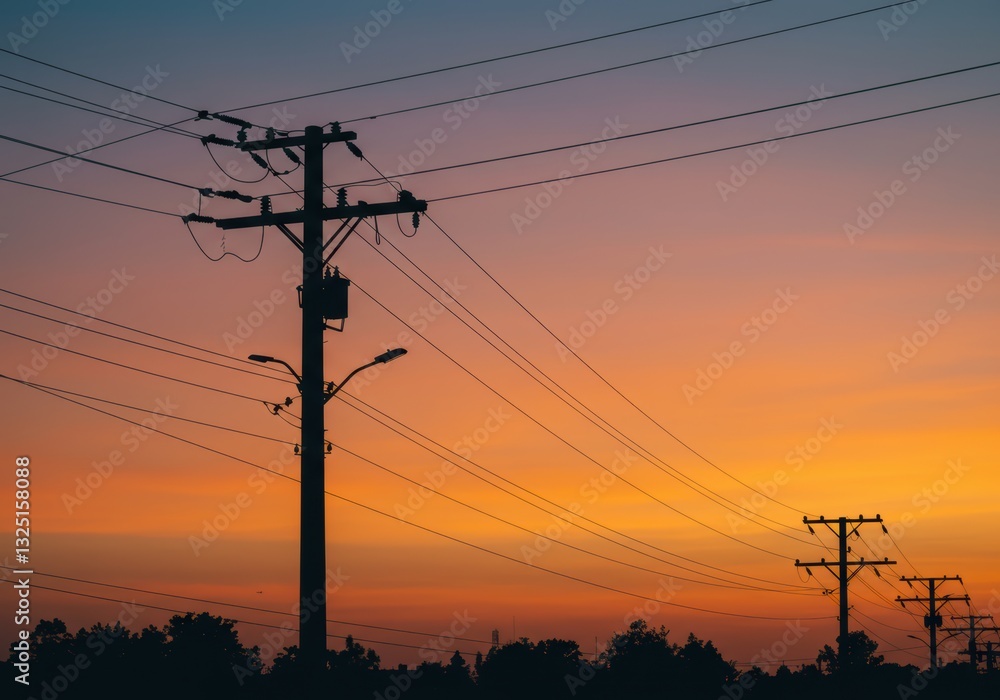 Fototapeta premium Beautiful sunset behind silhouette of power lines and telephone poles