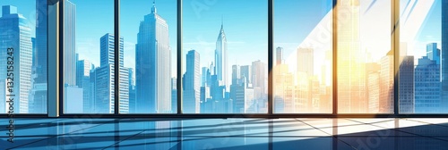 Panoramic city skyline view through high rise windows