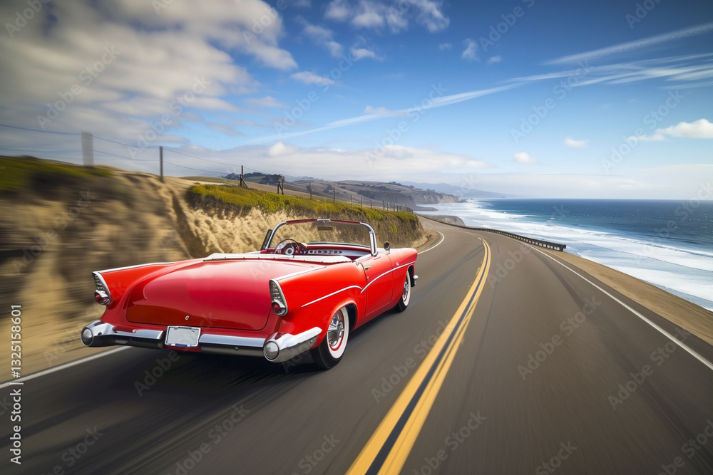 Fototapeta premium A vibrant red vintage convertible travels down a scenic coastal road with ocean views, emphasizing freedom, adventure, and nostalgia. The blue sky and serenity enhance the relaxing and enthusiastic