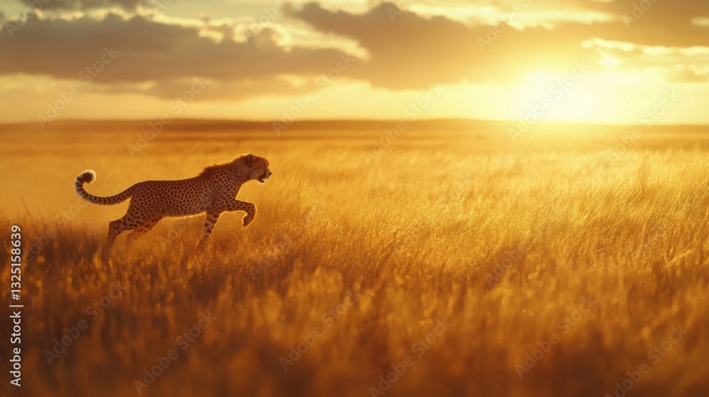 Cheetah Running Through Golden Grassland at Sunset Cheetah Running Through Golden Grassland at Sunset