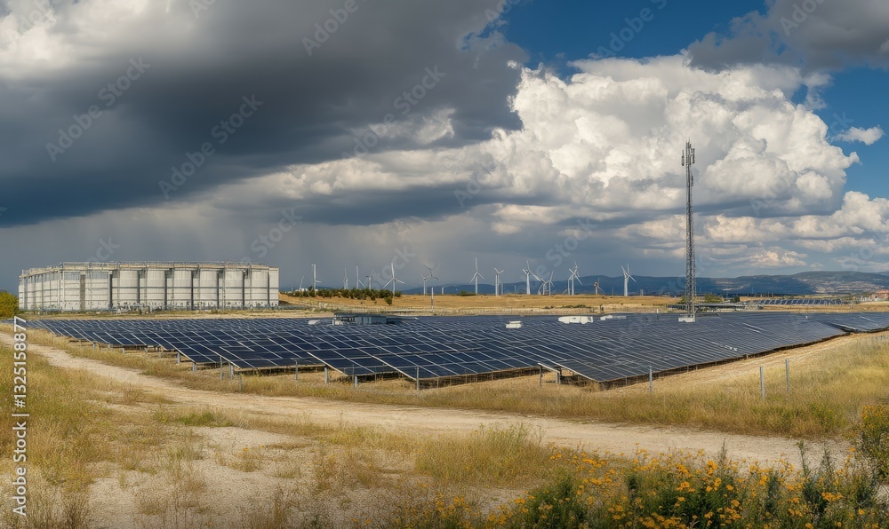 Solar panels and infrastructure under a dramatic, cloudy sky landscape. Solar panels and infrastructure under a dramatic, cloudy sky landscape.
