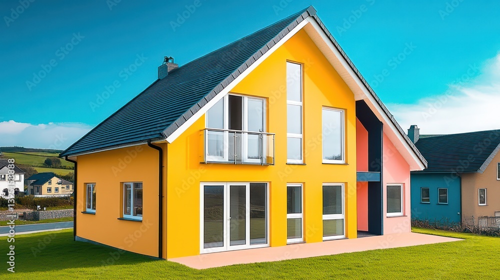 A new-age family home with exterior walls painted in bright yellow and a roof in dark indigo, featuring expansive windows overlooking a soft peach-colored lawn A new-age family home with exterior walls painted in bright yellow and a roof in dark indigo, featuring expansive windows overlooking a soft peach-colored lawn