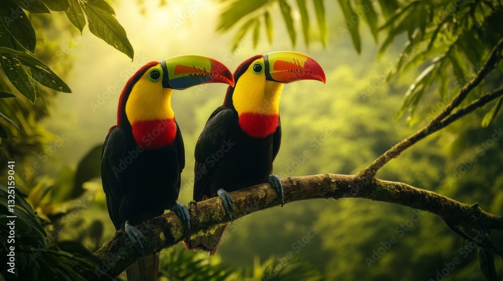 Fototapeta premium Two Colorful Toucans Perched on a Branch in a Lush Tropical Forest